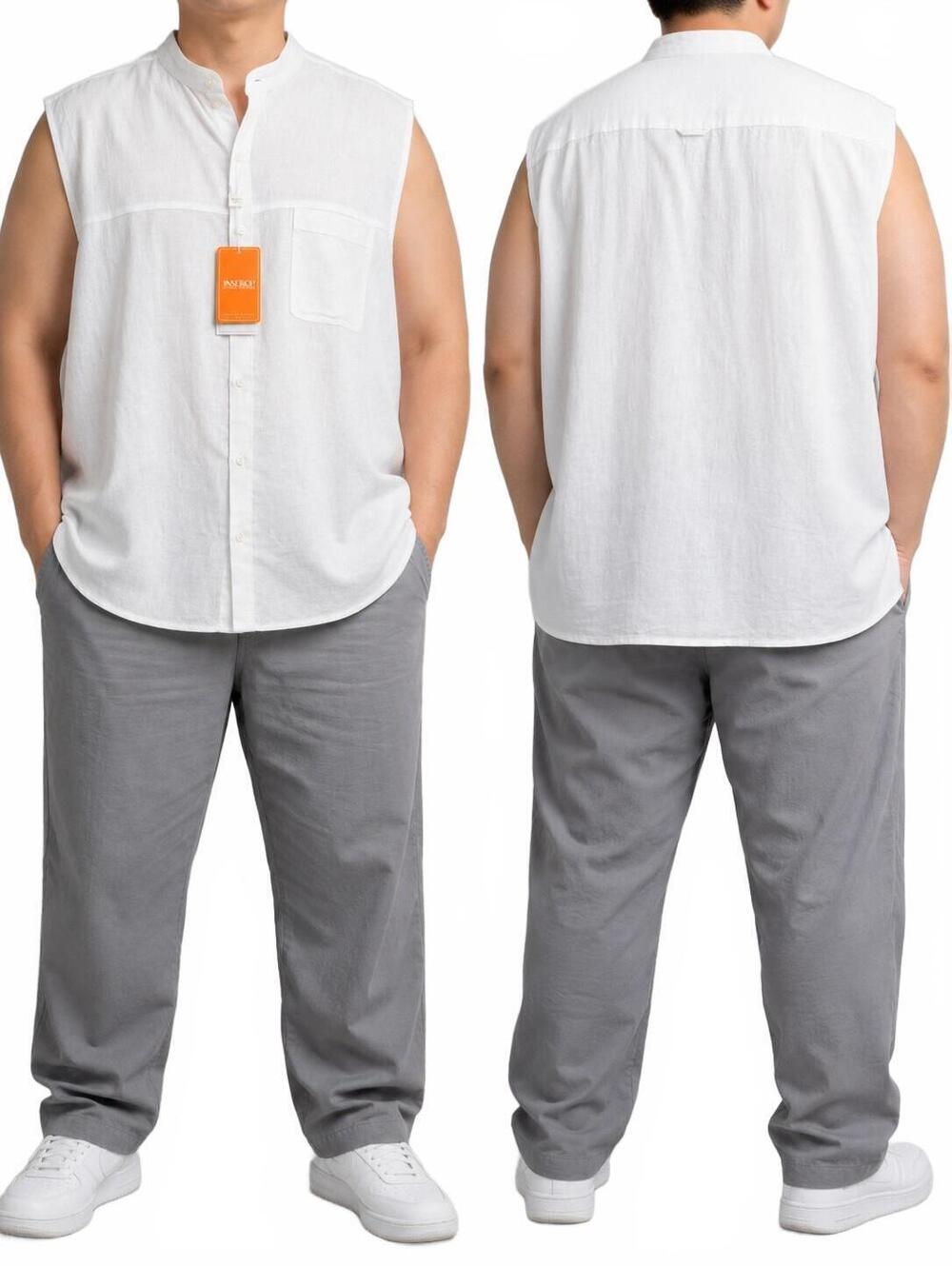 nserch Linen Collection Men's 3xl White Sleeveless Linen Button-Front Shirt Feat